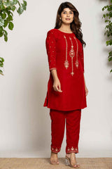 Red Embroidered Work Velvet Co-Ord Sets