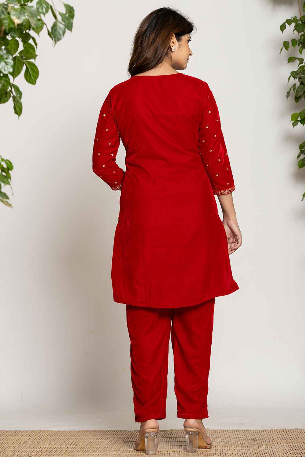 Red Embroidered Work Velvet Co-Ord Sets