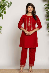 Red Embroidered Work Velvet Co-Ord Sets