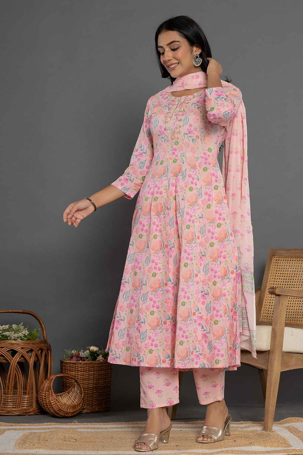 Orange Floral Print Patch Work Pure Cotton Kurta Set