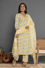 Yellow Ethnic Motifs Beads and Stones Embossed Pure Cotton Kurta Set