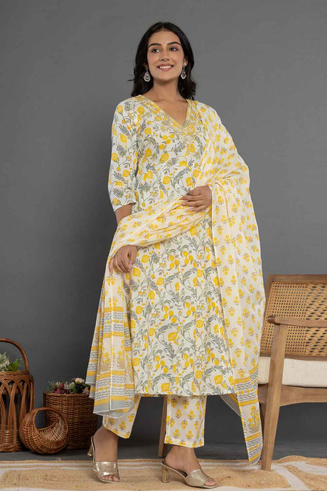 Yellow Ethnic Motifs Beads and Stones Embossed Pure Cotton Kurta Set