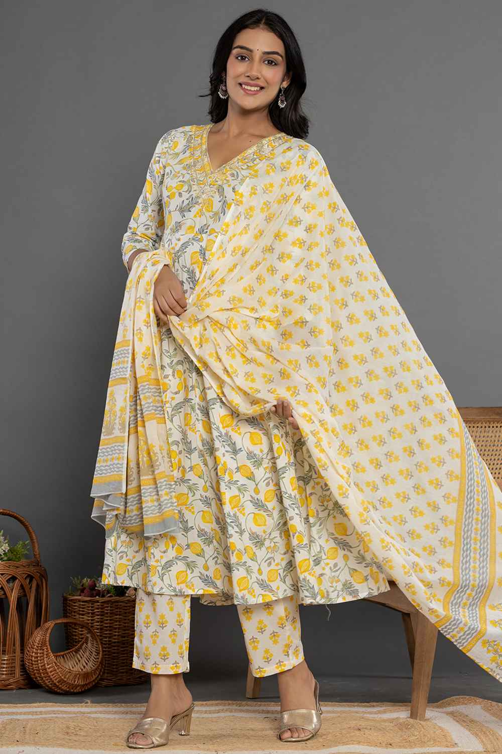 Yellow Ethnic Motifs Beads and Stones Embossed Pure Cotton Kurta Set