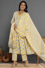 Yellow Ethnic Motifs Beads and Stones Embossed Pure Cotton Kurta Set