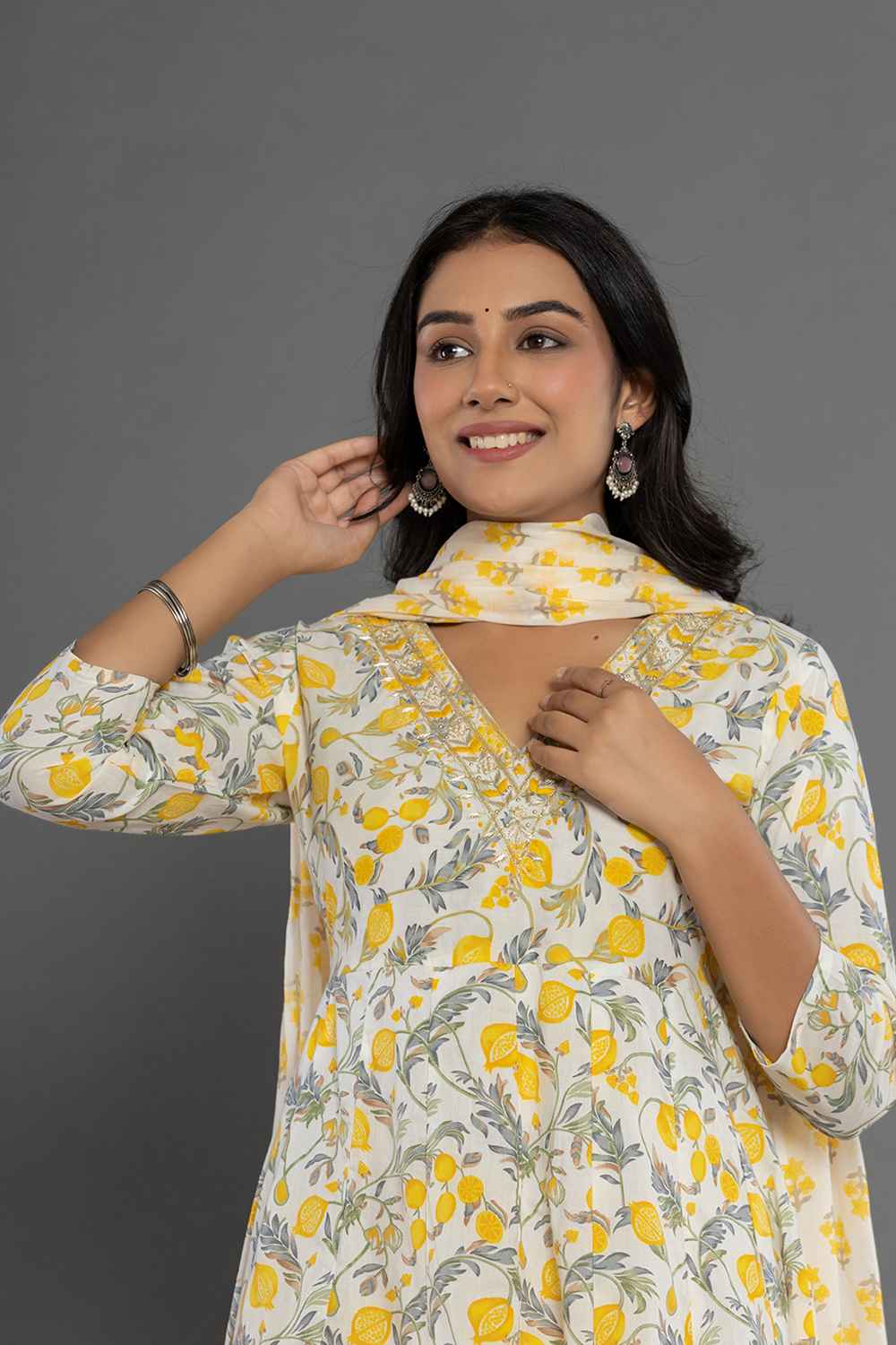 Yellow Ethnic Motifs Beads and Stones Embossed Pure Cotton Kurti Set