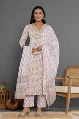 Violet Ethnic Motifs Beads and Stones Embossed Pure Cotton Kurta Set