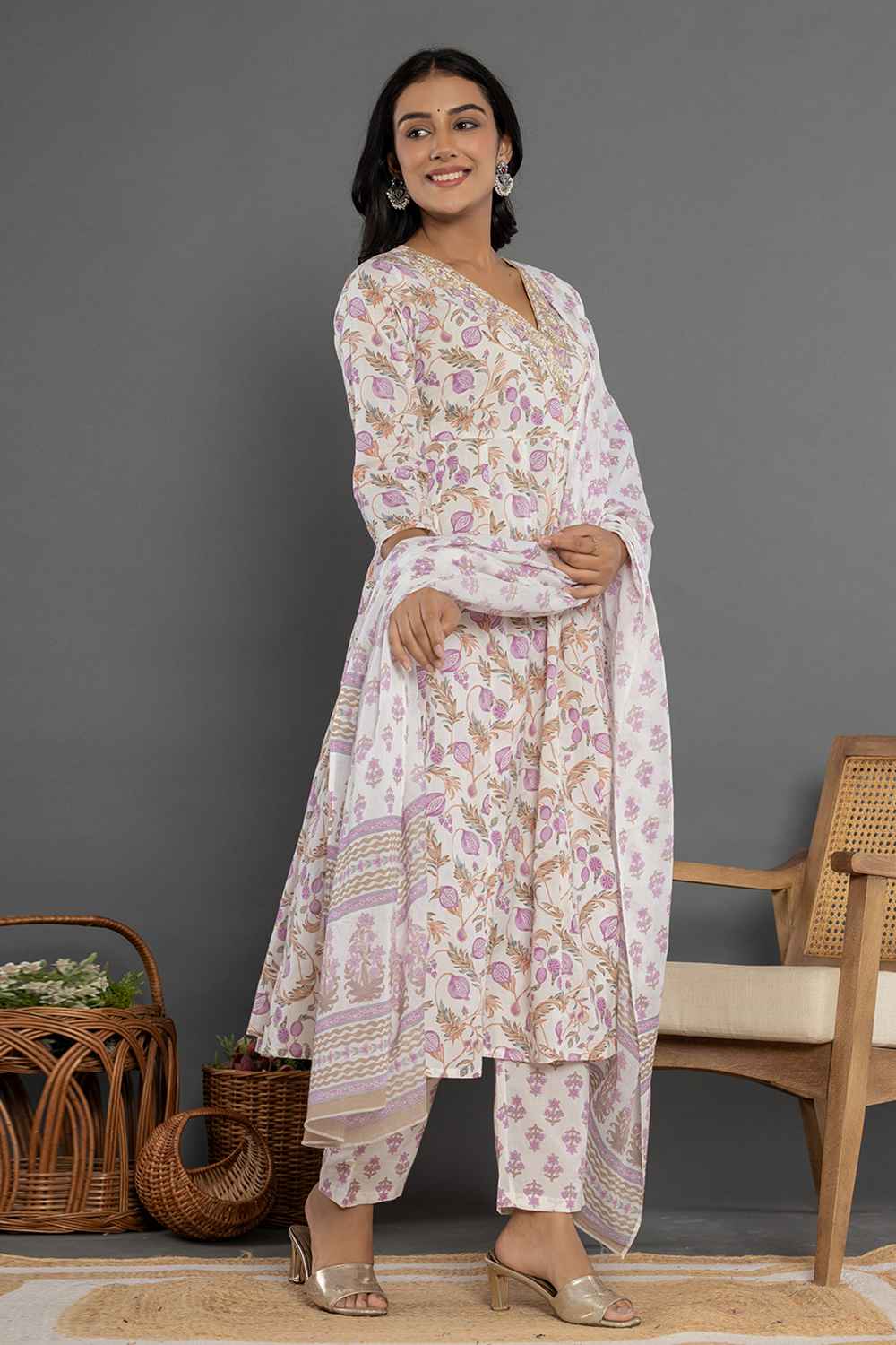 Violet Ethnic Motifs Beads and Stones Embossed Pure Cotton Kurta Set