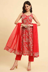 Red Floral Print Pure Cotton Kurta Set