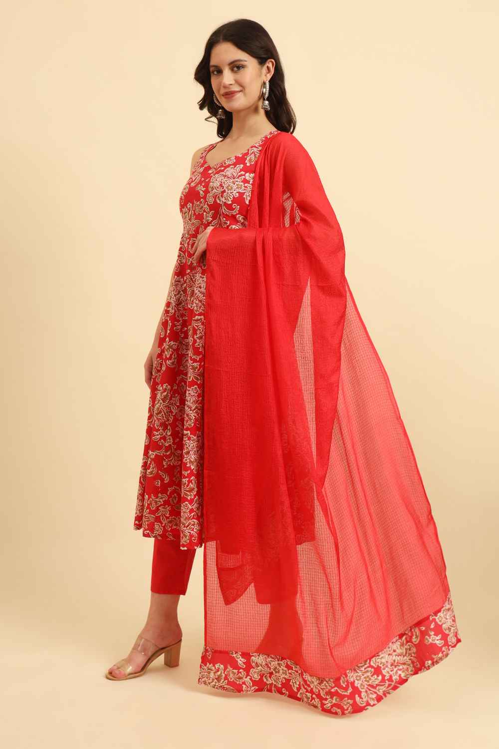 Red Floral Print Pure Cotton Kurta Set