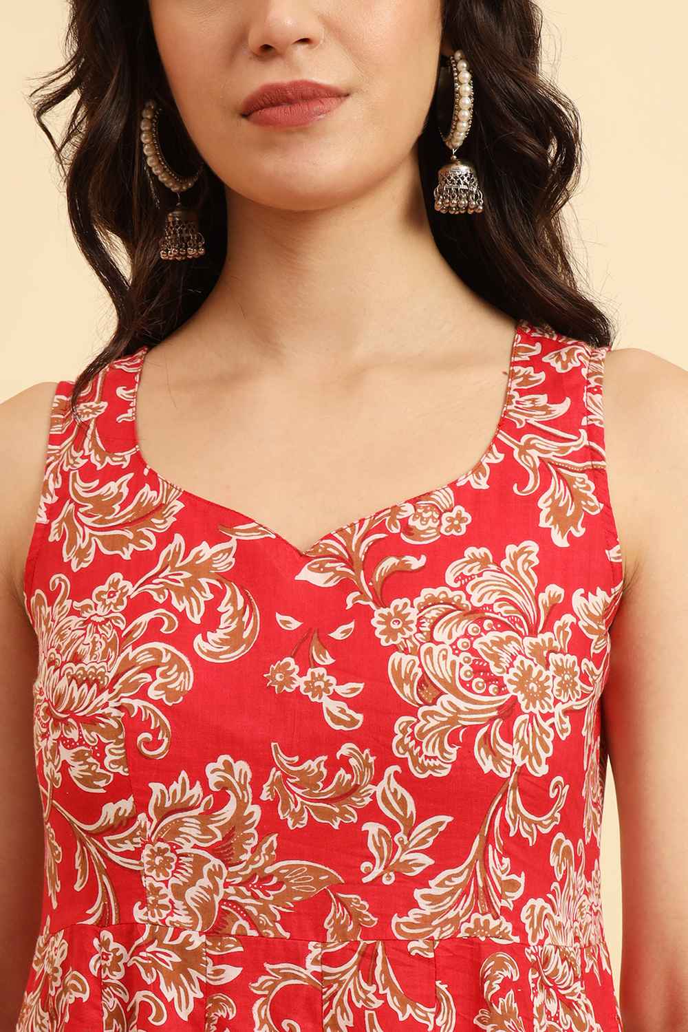 Red Floral Print Pure Cotton Kurti Set