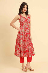 Red Floral Print Pure Cotton Kurta Set