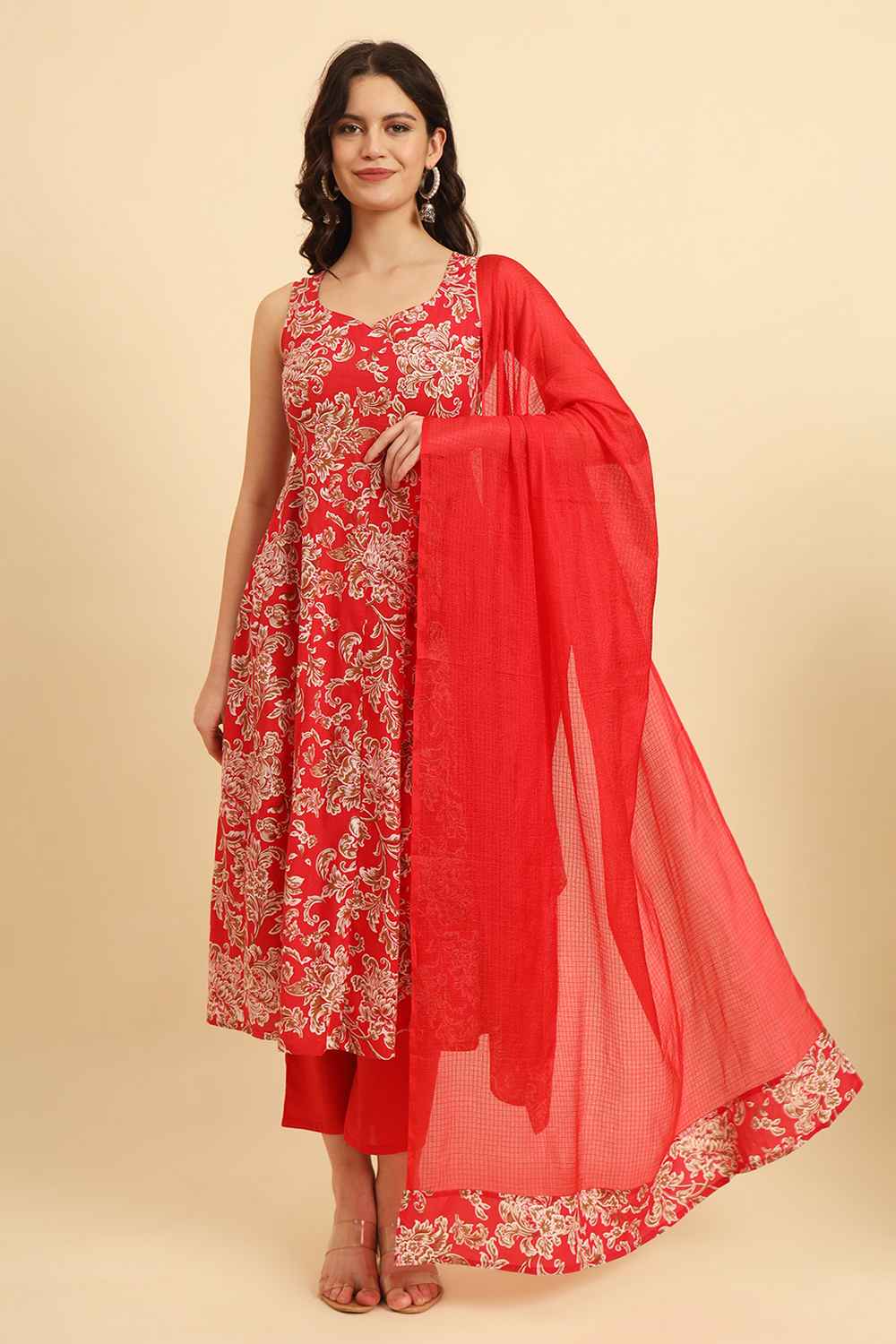 Red Floral Print Pure Cotton Kurta Set