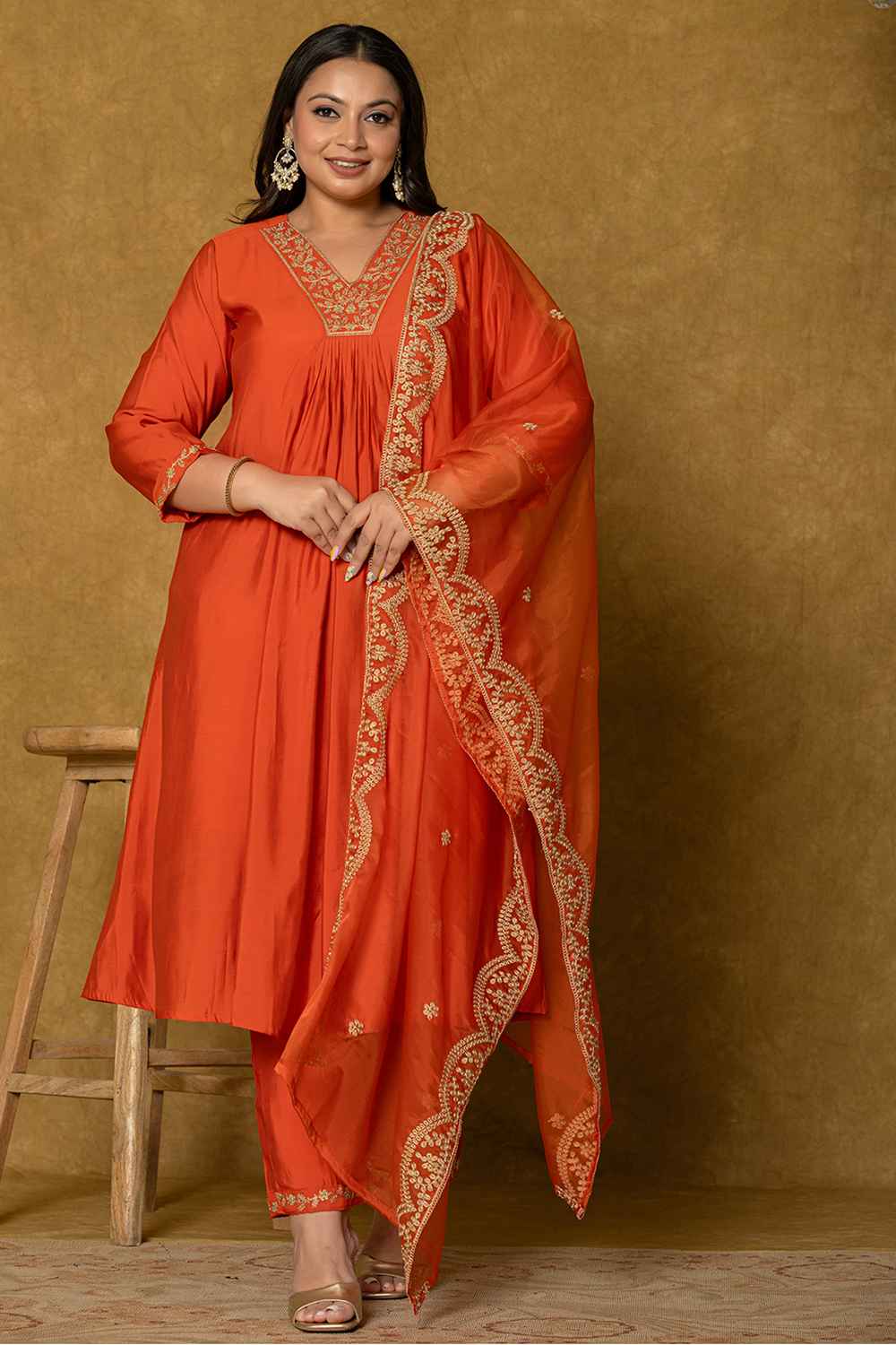 Orange Embroidered Silk Kurta Set