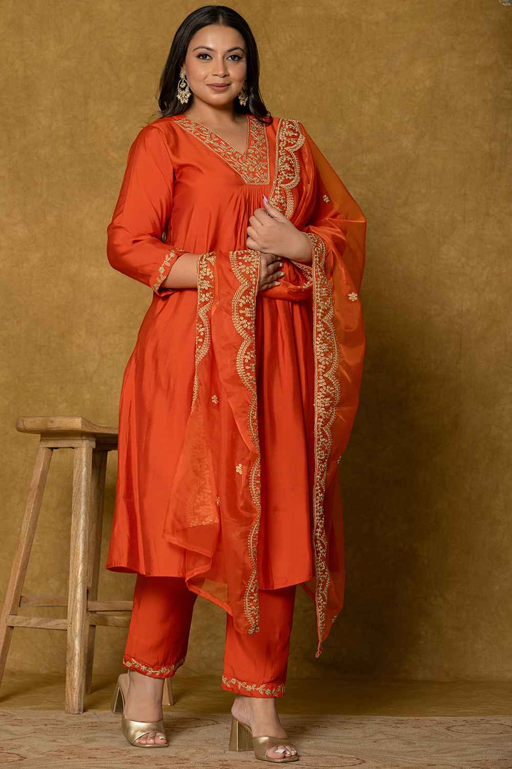 Orange Embroidered Silk Kurta Set