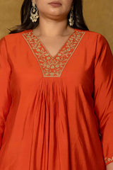 Orange Embroidered Silk Kurta Set