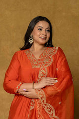 Orange Embroidered Silk Kurta Set