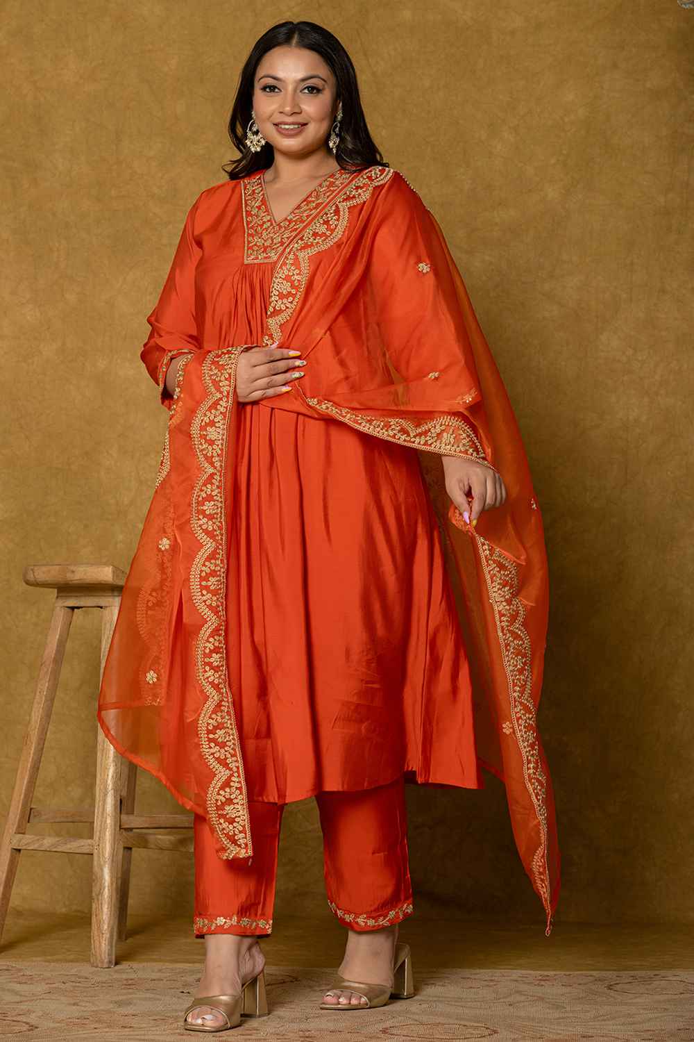 Orange Embroidered Silk Kurta Set