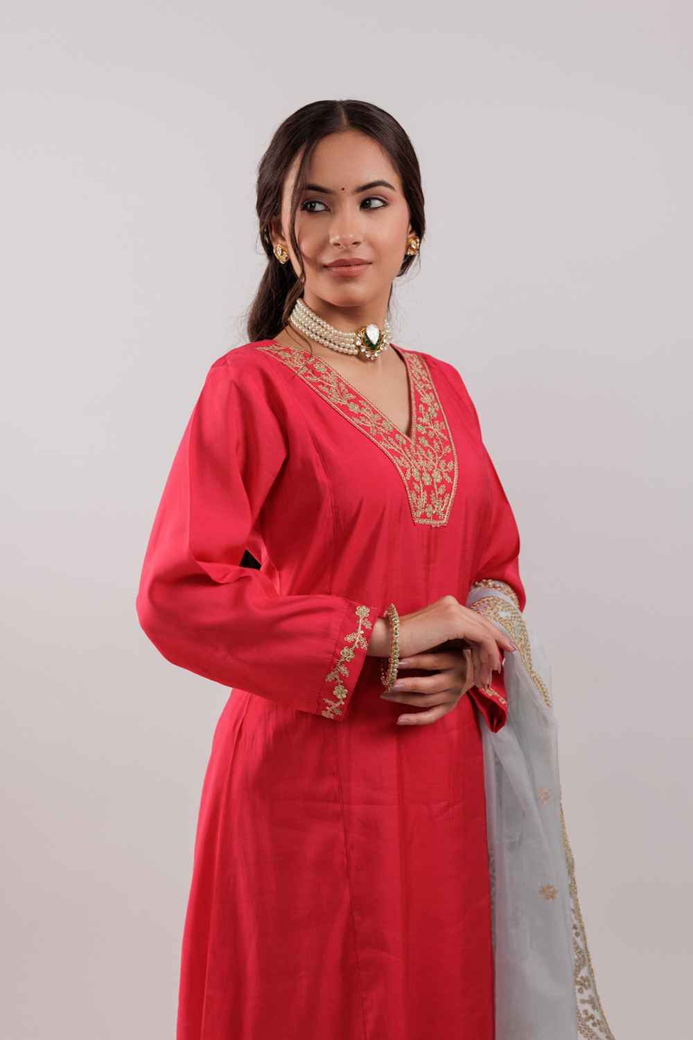 Magenta Embroidered Silk Kurti Set