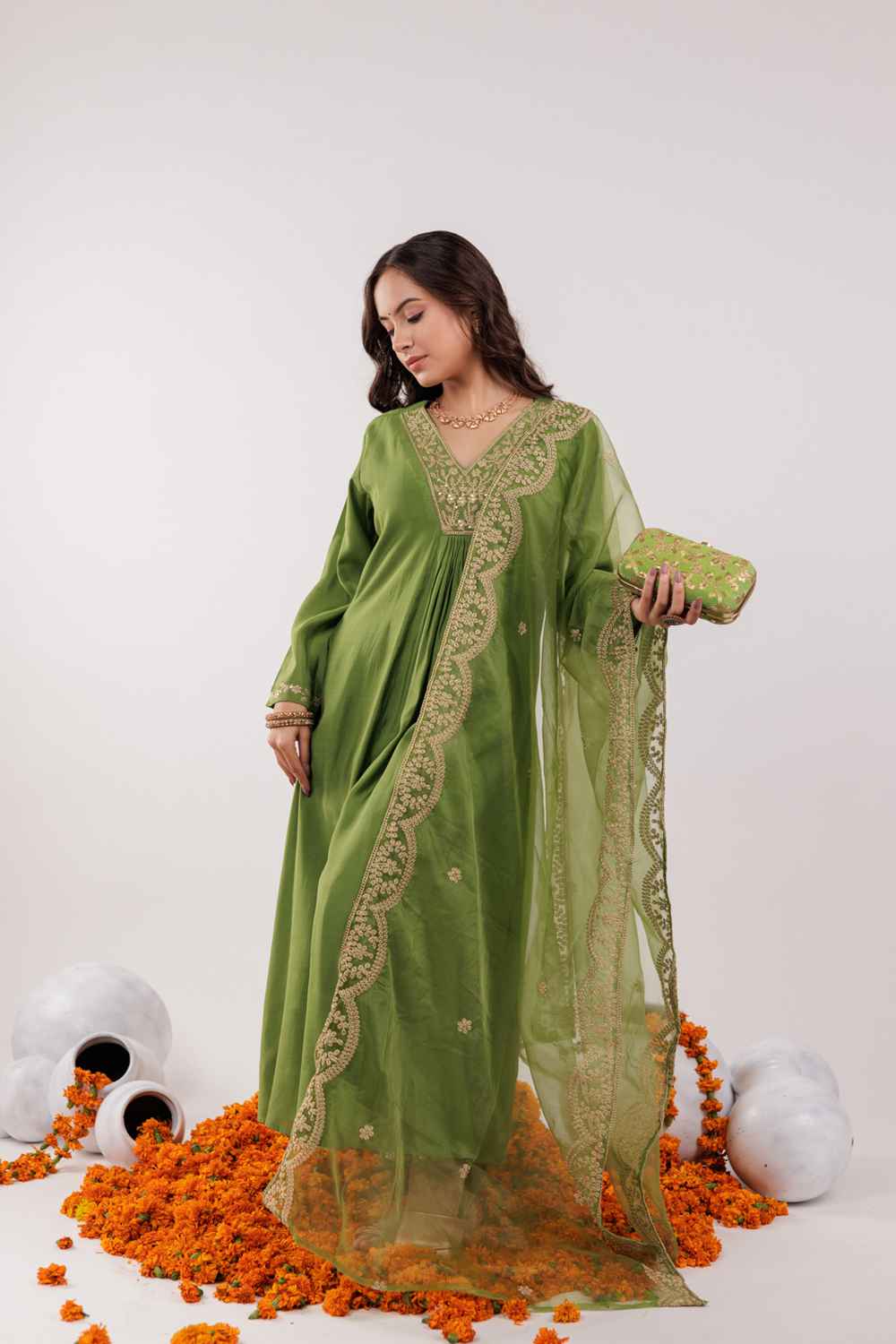 Green Embroidered Silk Kurta Set