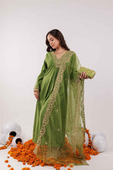 Green Embroidered Silk Kurta Set