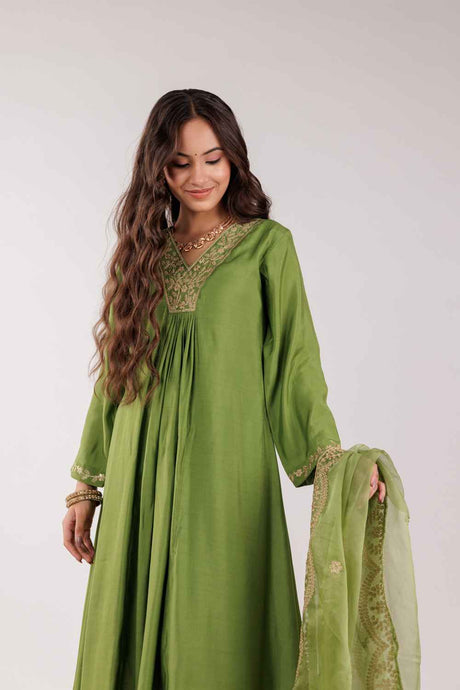 Green Embroidered Silk Kurta Set