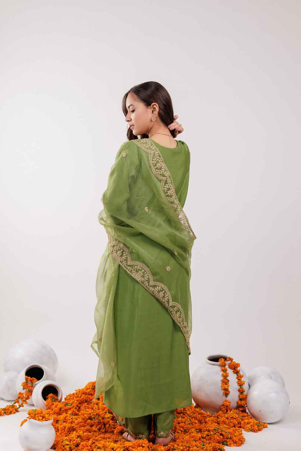 Green Embroidered Silk Kurta Set