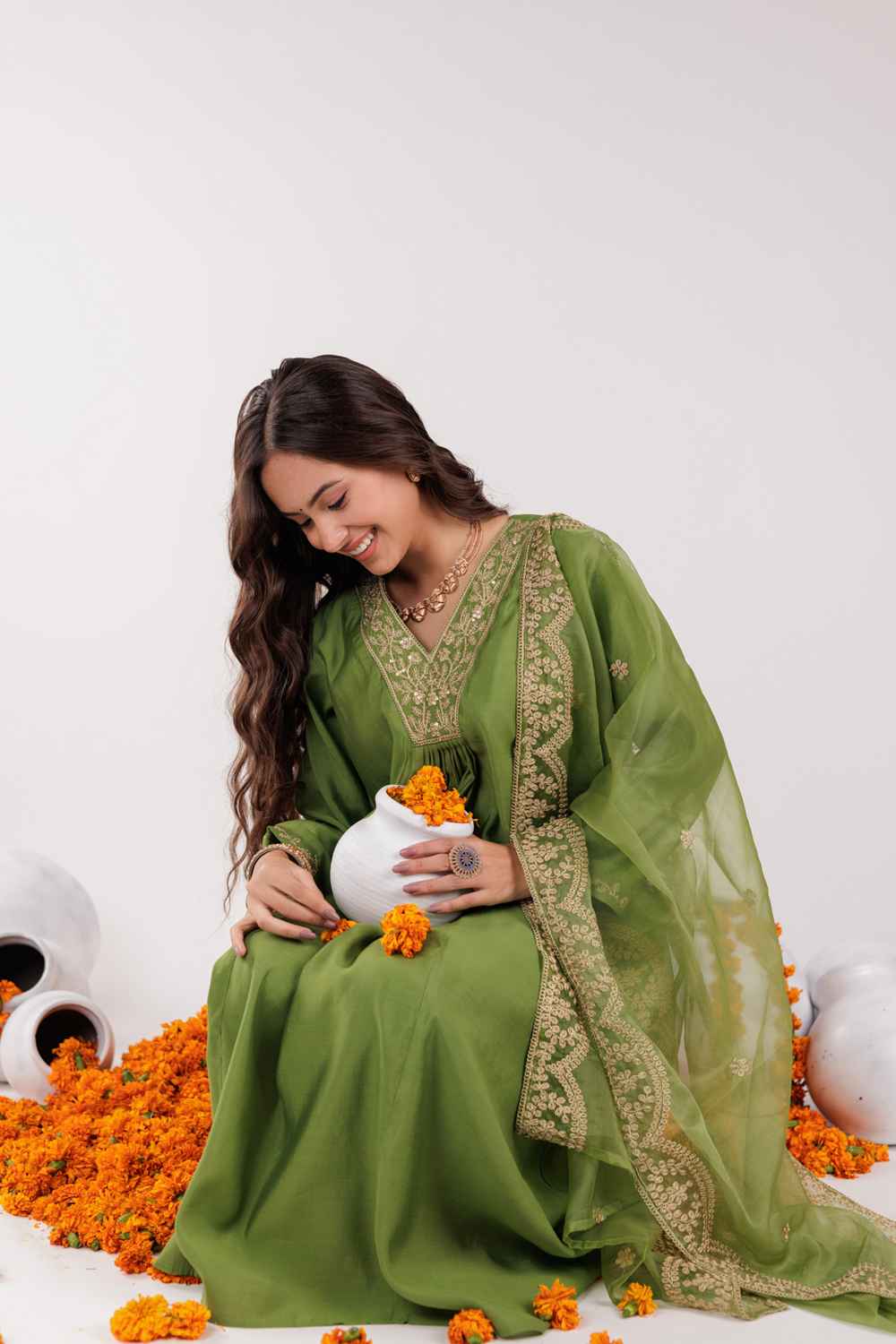 Green Embroidered Silk Kurta Set