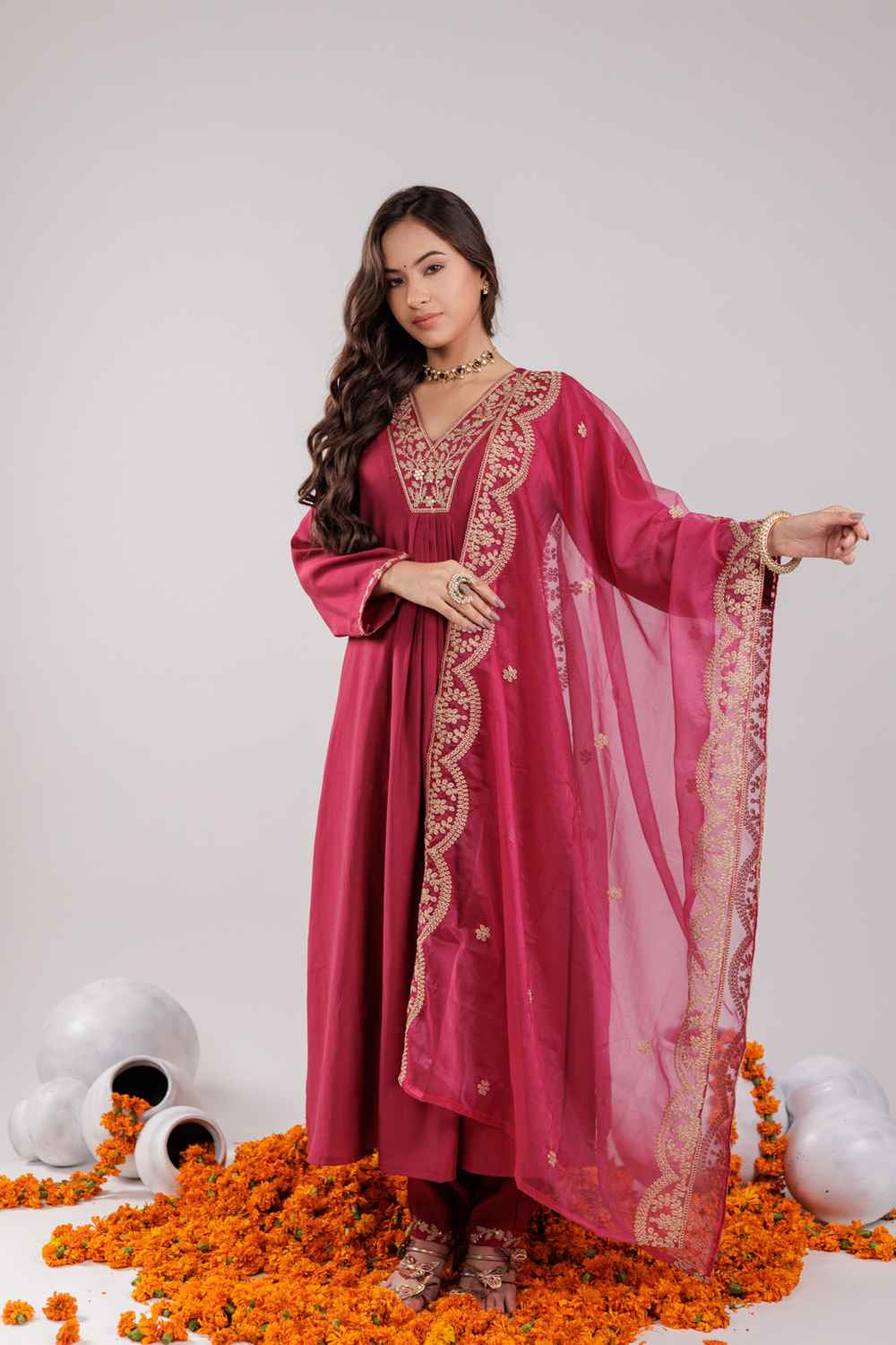 Pink Embroidered Silk Kurti Set