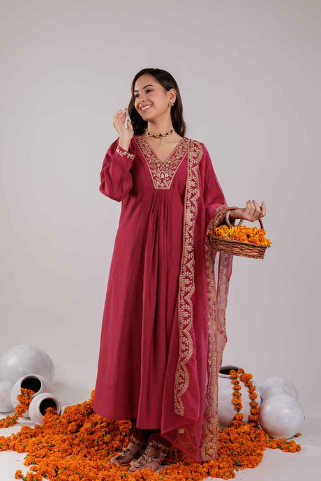 Pink Embroidered Silk Kurti Set