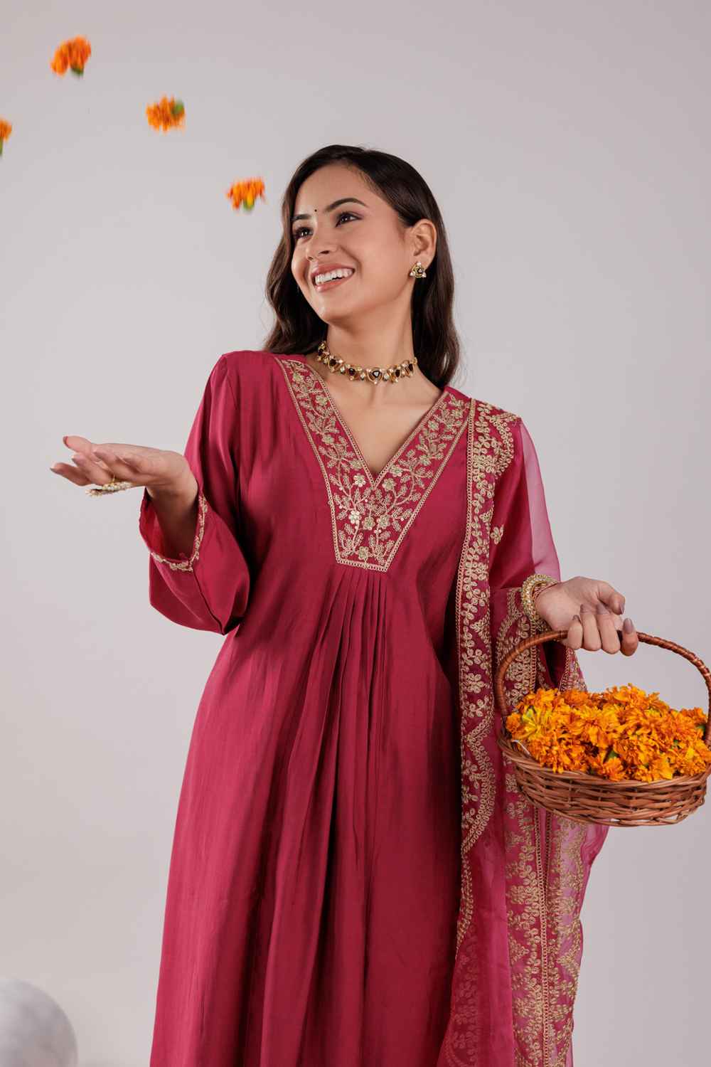 Pink Embroidered Silk Kurti Set