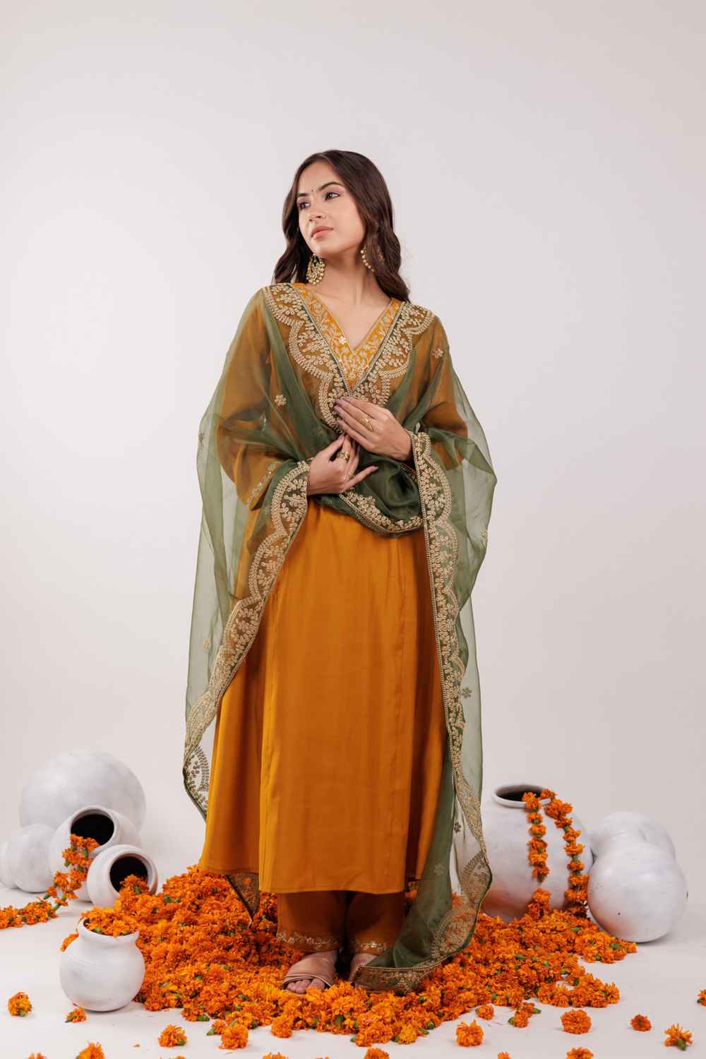 Yellow Embroidered Silk Kurti Set