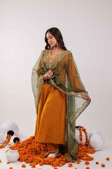 Yellow Embroidered Silk Kurti Set