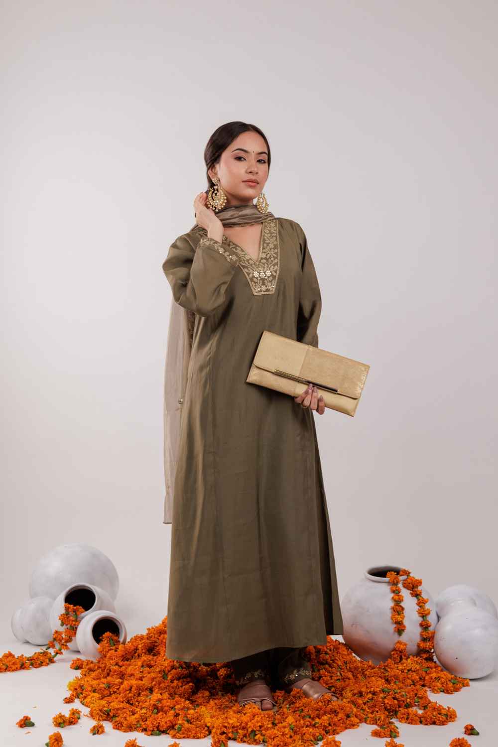 Olive Embroidered Silk Kurti Set