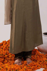 Olive Embroidered Silk Kurti Set