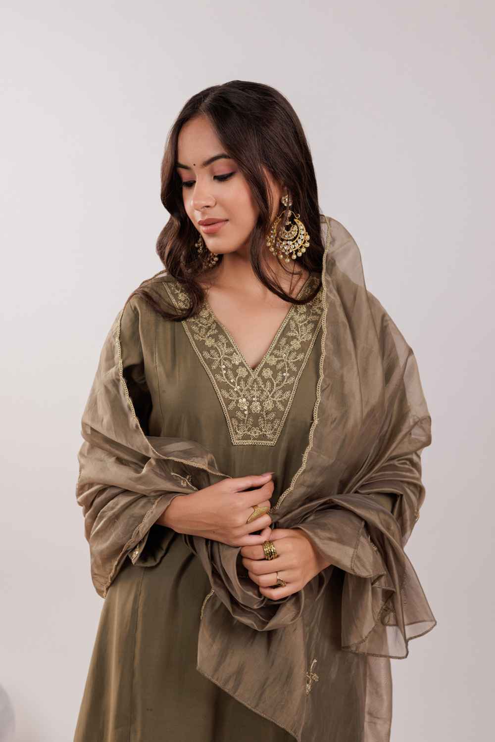 Olive Embroidered Silk Kurta Set