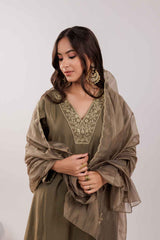 Olive Embroidered Silk Kurti Set