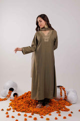 Olive Embroidered Silk Kurti Set