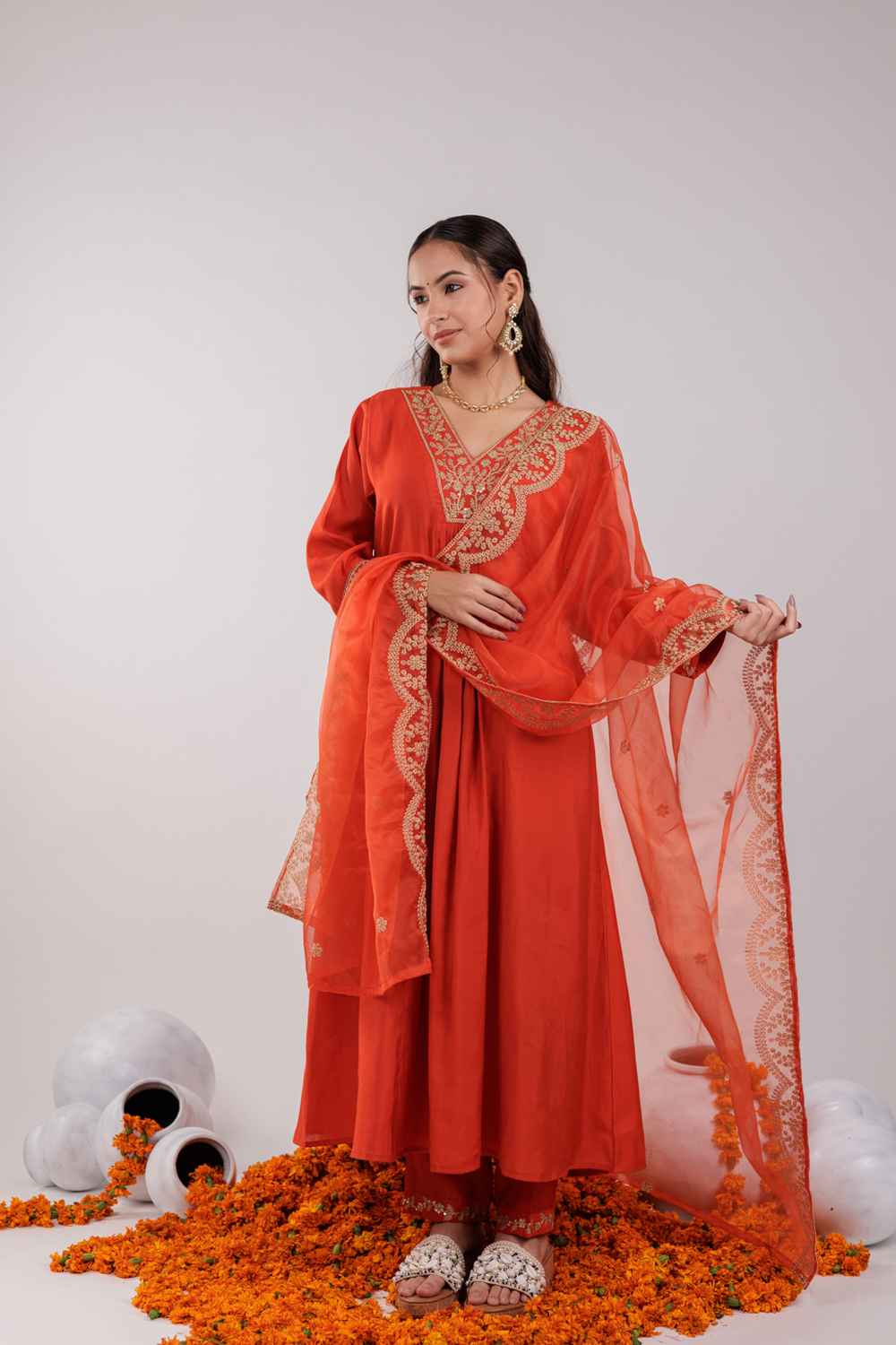 Orange Embroidered Silk Kurti Set