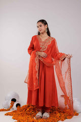 Orange Embroidered Silk Kurta Set