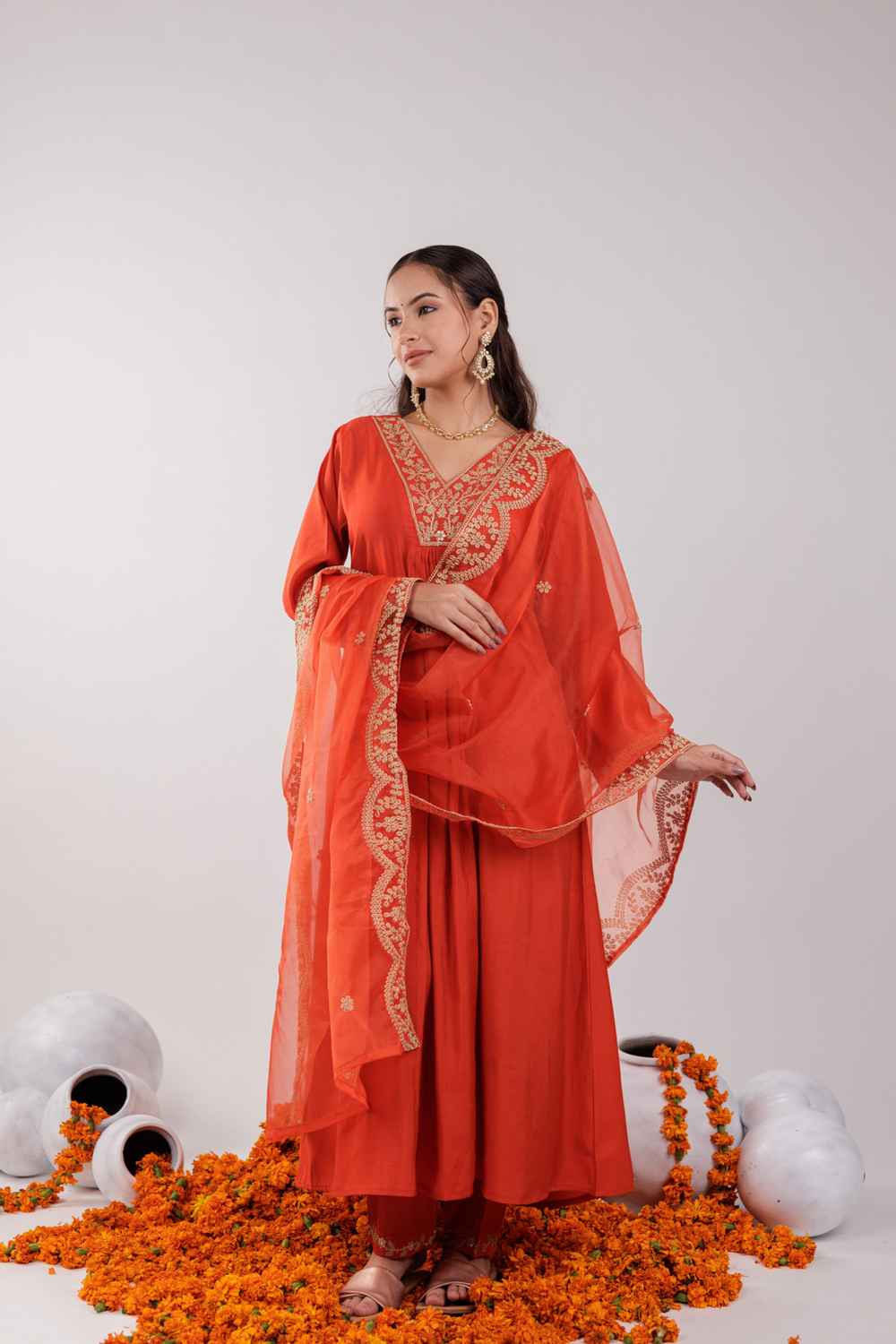 Orange Embroidered Silk Kurta Set