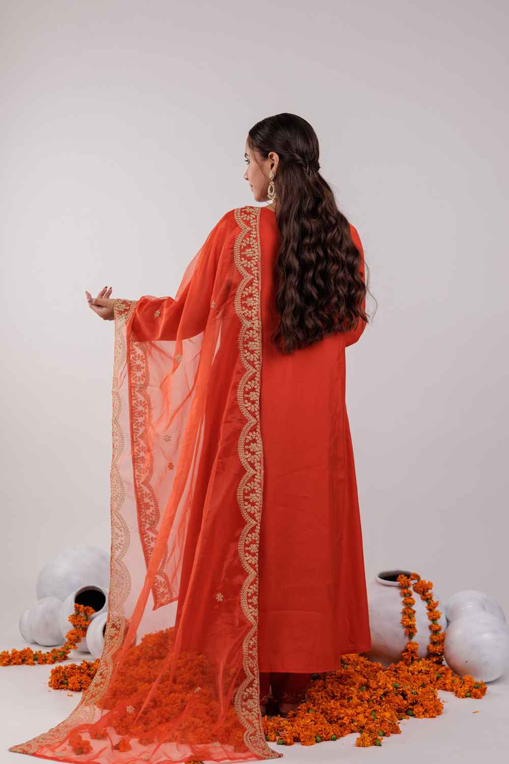 Orange Embroidered Silk Kurti Set