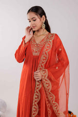 Orange Embroidered Silk Kurti Set