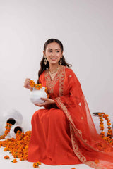 Orange Embroidered Silk Kurta Set