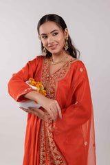 Orange Embroidered Silk Kurta Set