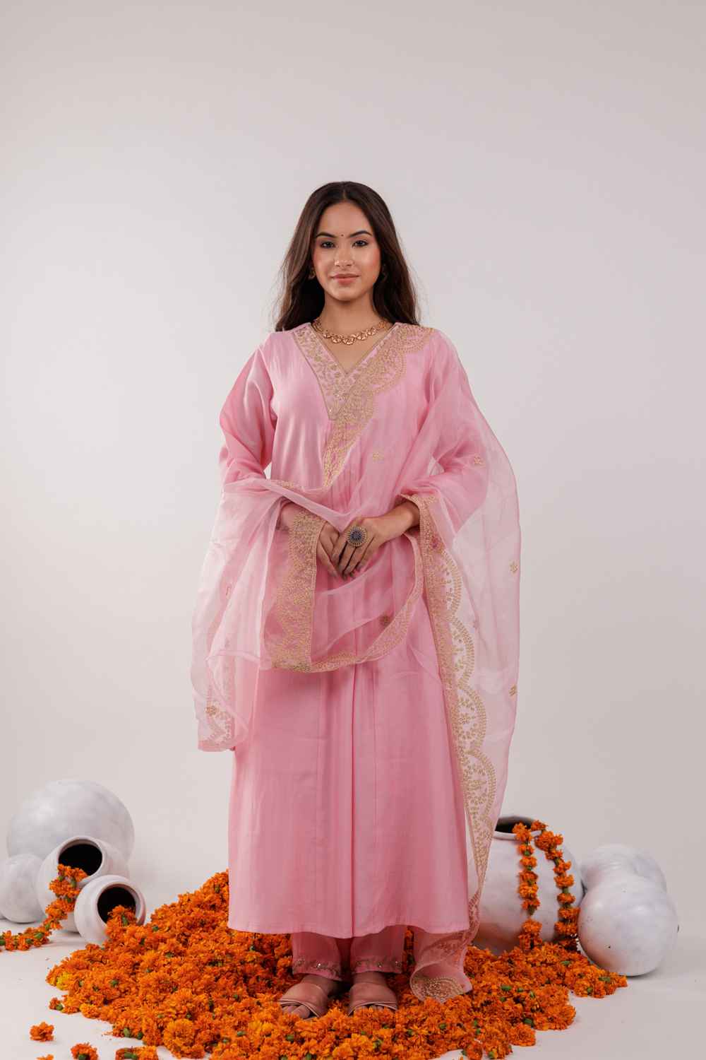 Pink Embroidered Silk Kurti Set