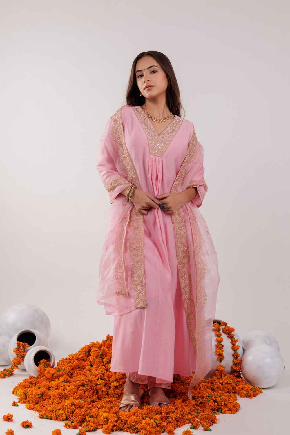 Pink Embroidered Silk Kurti Set