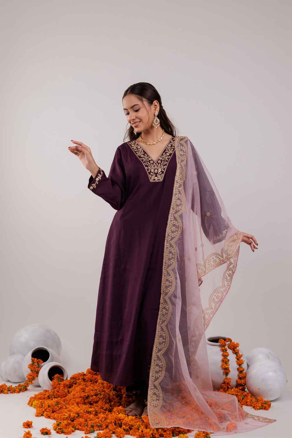 Violet Embroidered Silk Kurta Set