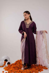 Violet Embroidered Silk Kurta Set