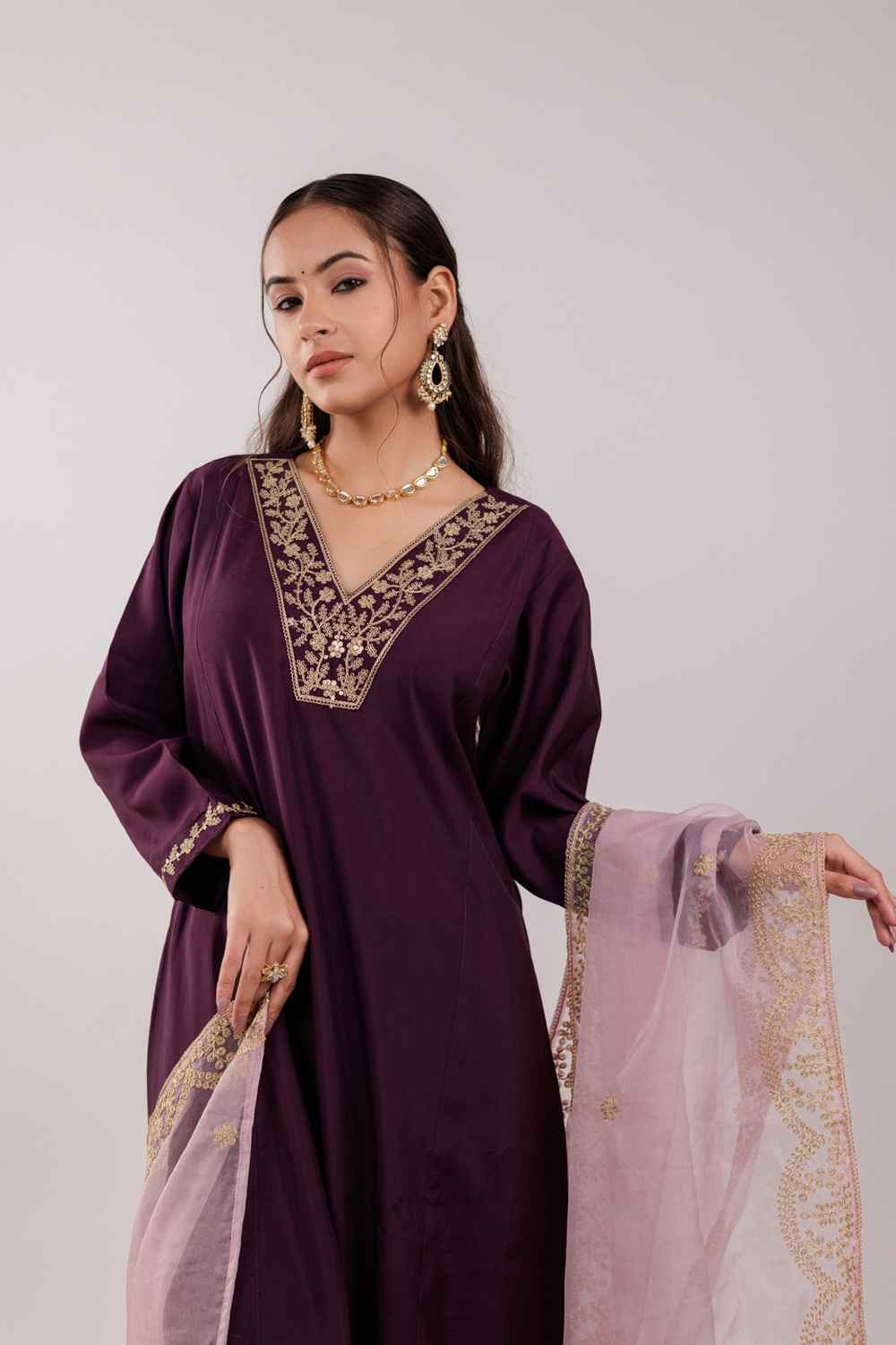 Violet Embroidered Silk Kurti Set