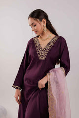 Violet Embroidered Silk Kurti Set